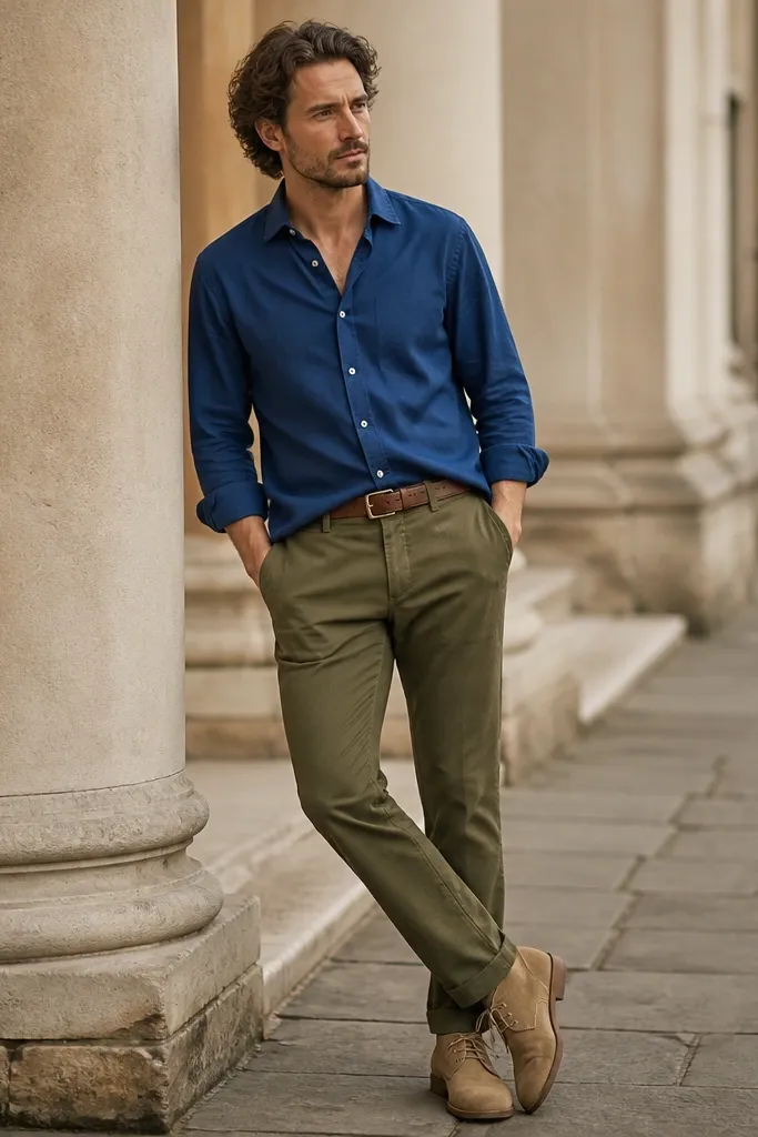A royal blue shirt half-tucked into olive chinos with a belt in brown leather. Suede desert boots in tan sit on the ground, and the shirt sleeves are rolled once.