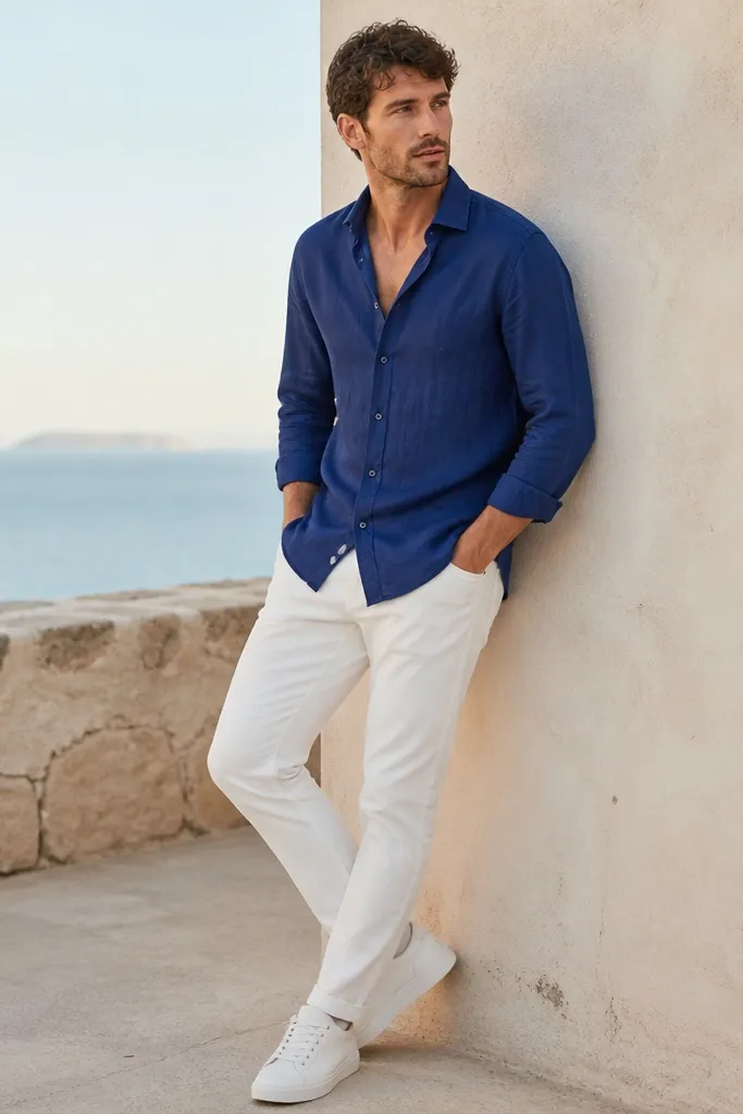 A royal blue shirt worn untucked with the top button undone and an open collar, paired with white slim jeans and clean white sneakers. The shirt fabric looks breathable and matte.
