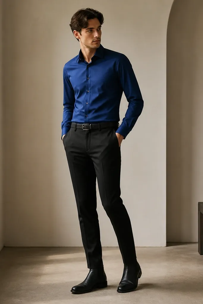 A royal blue shirt tucked into black slim trousers, styled with black Chelsea boots. The shirt has a structured collar, and a black belt matches the boots.