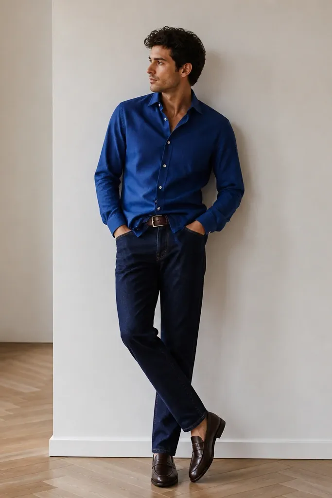 A royal blue button-up worn slightly untucked over dark indigo jeans, with a burgundy leather belt. The shoes are dark brown leather loafers, and the shirt sleeves are left unrolled.
