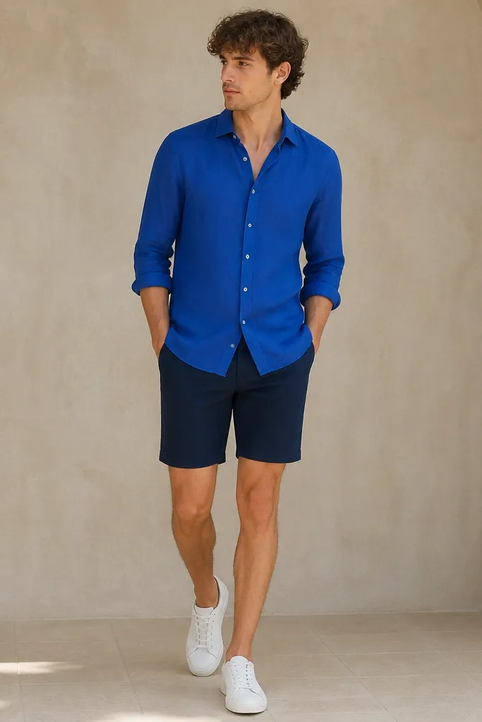 A royal blue shirt worn untucked over tailored navy shorts, paired with white sneakers. The shirt is breathable and matte, and the shorts have a clean hem.