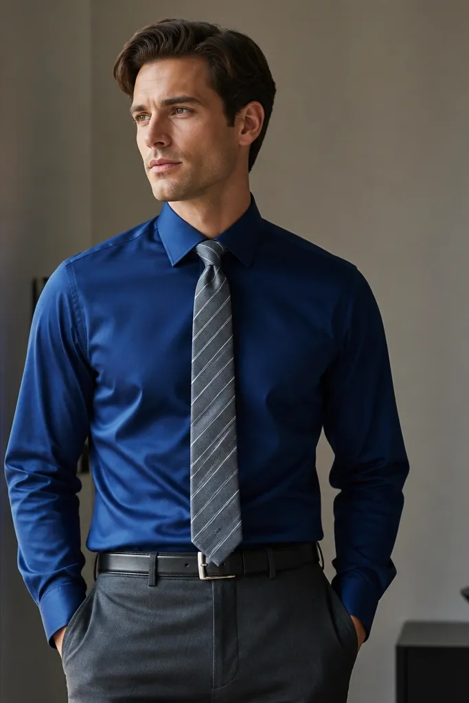 A royal blue dress shirt paired with charcoal suit trousers and a medium-gray striped tie. The jacket is not shown, focusing on the shirt, tie knot, and trousers with a black belt.