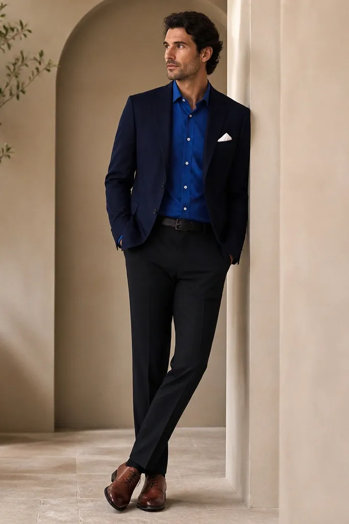 A royal blue shirt tucked into dark trousers with a navy blazer. A crisp white pocket square peeks from the breast pocket, and brown leather shoes are visible at the bottom.