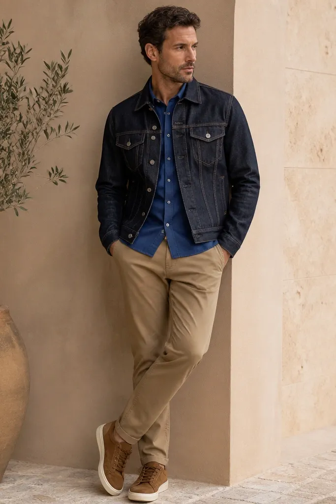 A royal blue shirt under an indigo denim jacket, paired with tan chinos and tan-brown sneakers. The shirt hem shows at the waistband, and sleeves are buttoned.