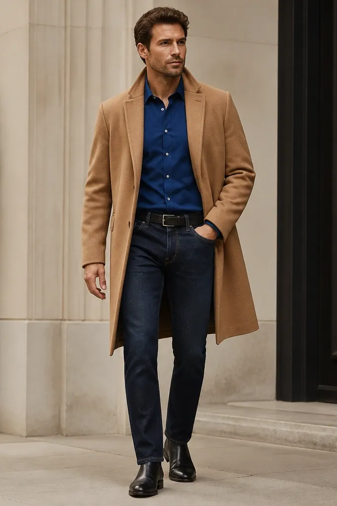 A royal blue shirt tucked into dark indigo jeans with a camel overcoat worn open. The collar of the coat frames the shirt, and black leather shoes are visible.