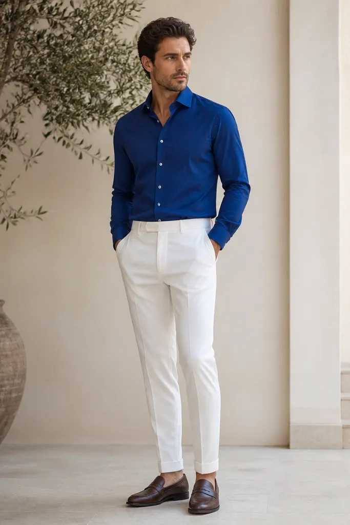 A royal blue shirt tucked into white tapered trousers, paired with brown leather loafers. The shirt is buttoned neatly and the fabric looks crisp.