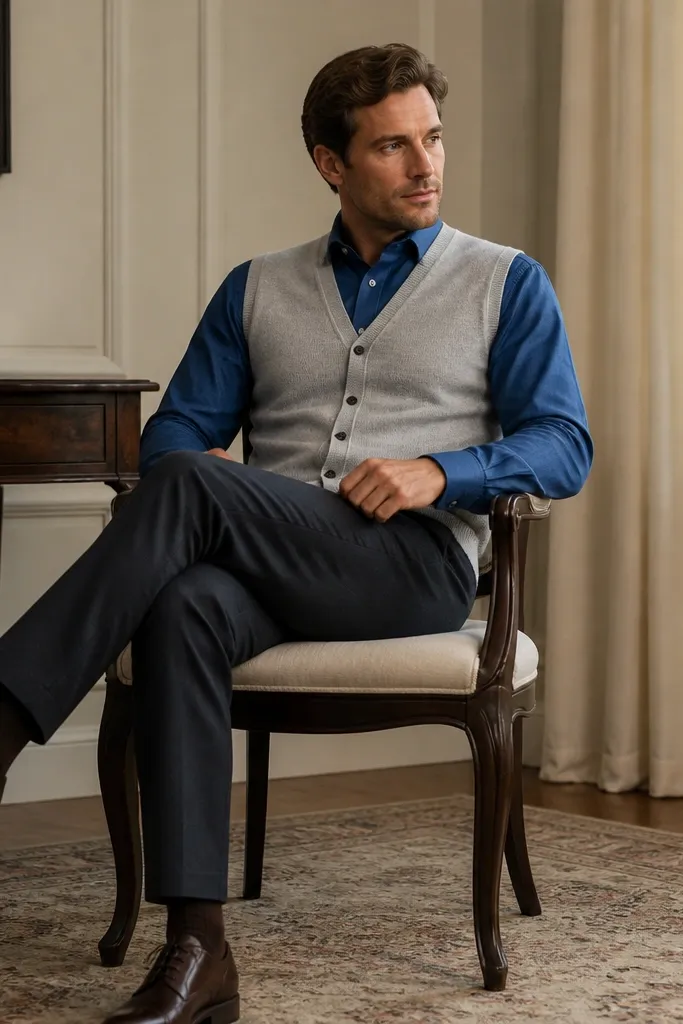 A royal blue shirt worn under a light gray sweater vest, with dark trousers and dark brown shoes. The vest is buttoned, and the shirt collar sits neatly underneath.
