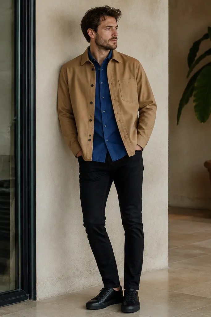 A royal blue shirt under a tan overshirt, worn with black slim jeans and black sneakers. The overshirt is buttoned halfway and the shirt collar is visible.