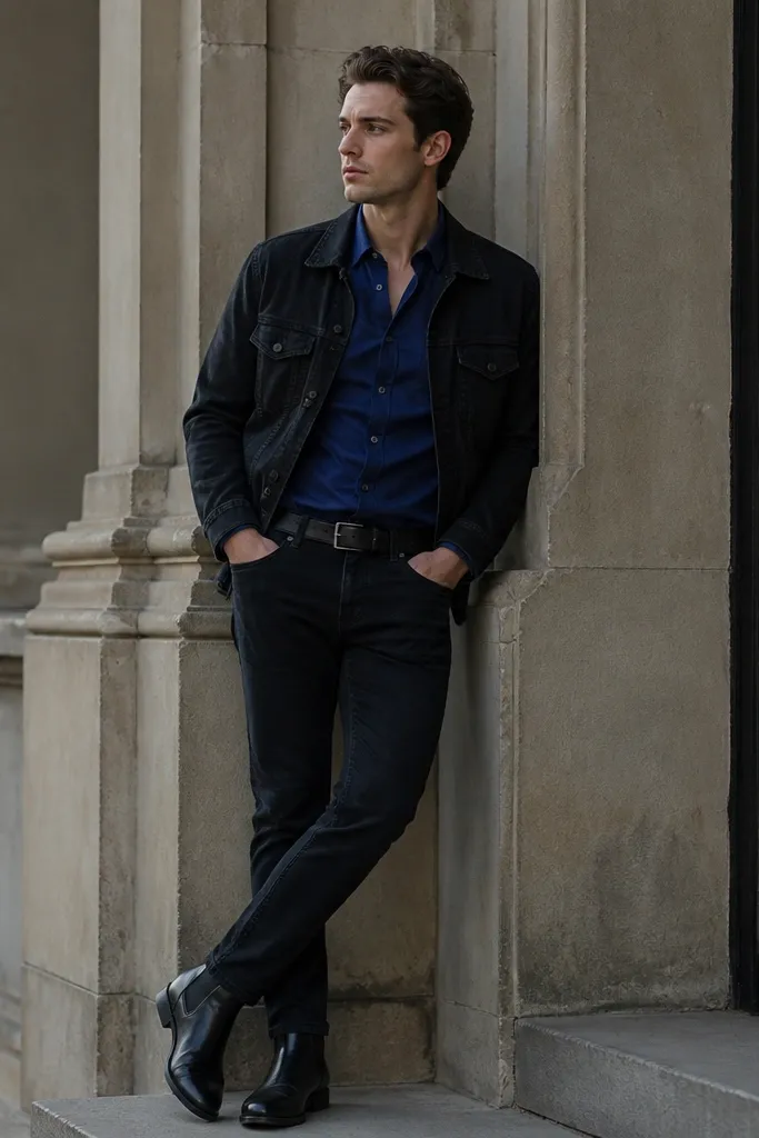 A royal blue shirt tucked slightly into dark jeans with a black denim jacket worn open. The outfit uses black-and-blue tones, with dark boots visible.