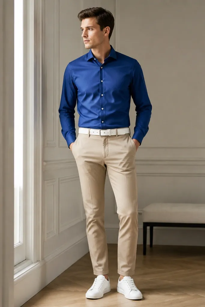 A royal blue button-up shirt tucked into tan chinos with a white leather belt. White sneakers are on the feet, and the shirt collar is crisp.