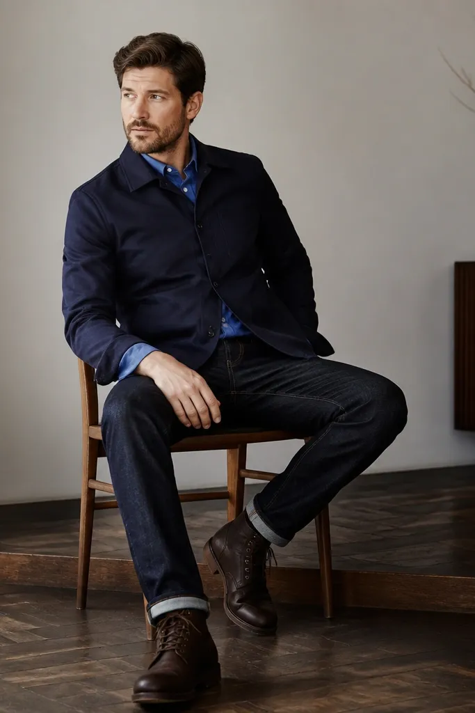 A royal blue shirt layered under a navy overshirt, paired with dark jeans and dark brown lace-up boots. The overshirt is buttoned and the shirt cuffs peek out.