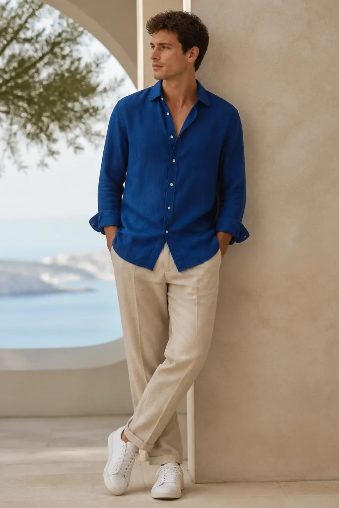 A royal blue linen-cotton shirt worn untucked with tan linen trousers and white sneakers. The shirt has a relaxed drape and a slightly rumpled texture.