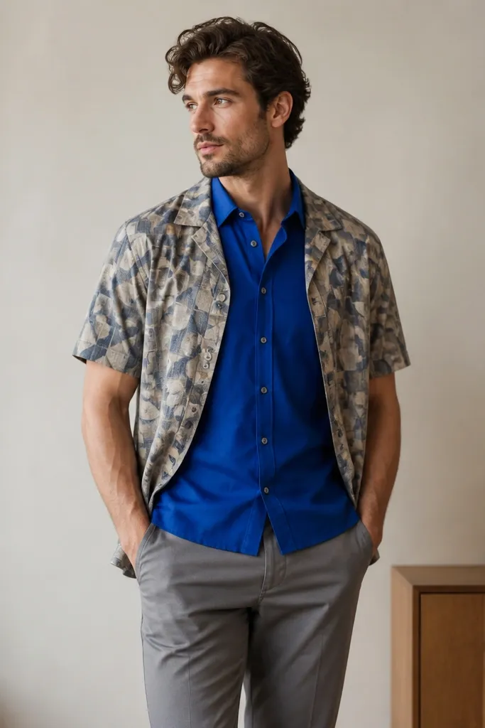 A royal blue shirt worn under a short-sleeve patterned overshirt in muted tones, with medium-gray chinos. The overshirt is open, showing the royal blue placket.