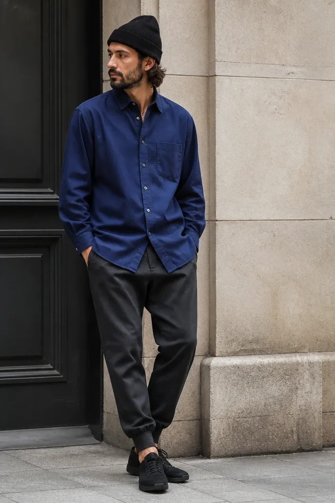 A royal blue shirt untucked over charcoal joggers with a black beanie. The shoes are black minimalist sneakers, and the outfit looks street-style casual.