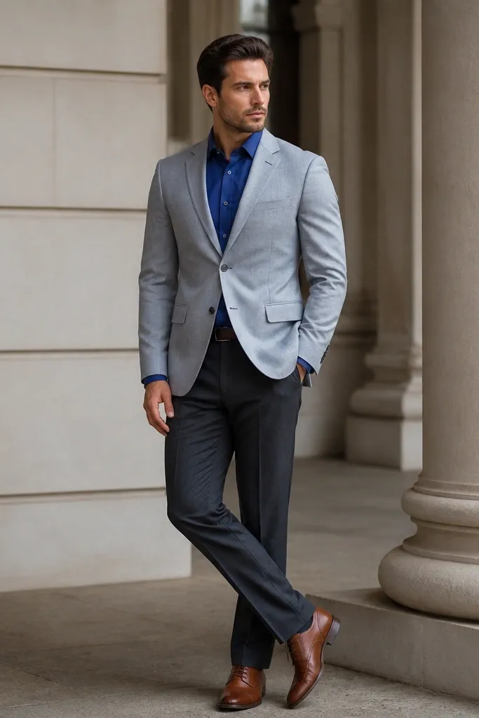 A royal blue dress shirt tucked into charcoal trousers with a light gray suit jacket and no tie. The jacket is buttoned, collar is crisp, and brown leather shoes are visible.