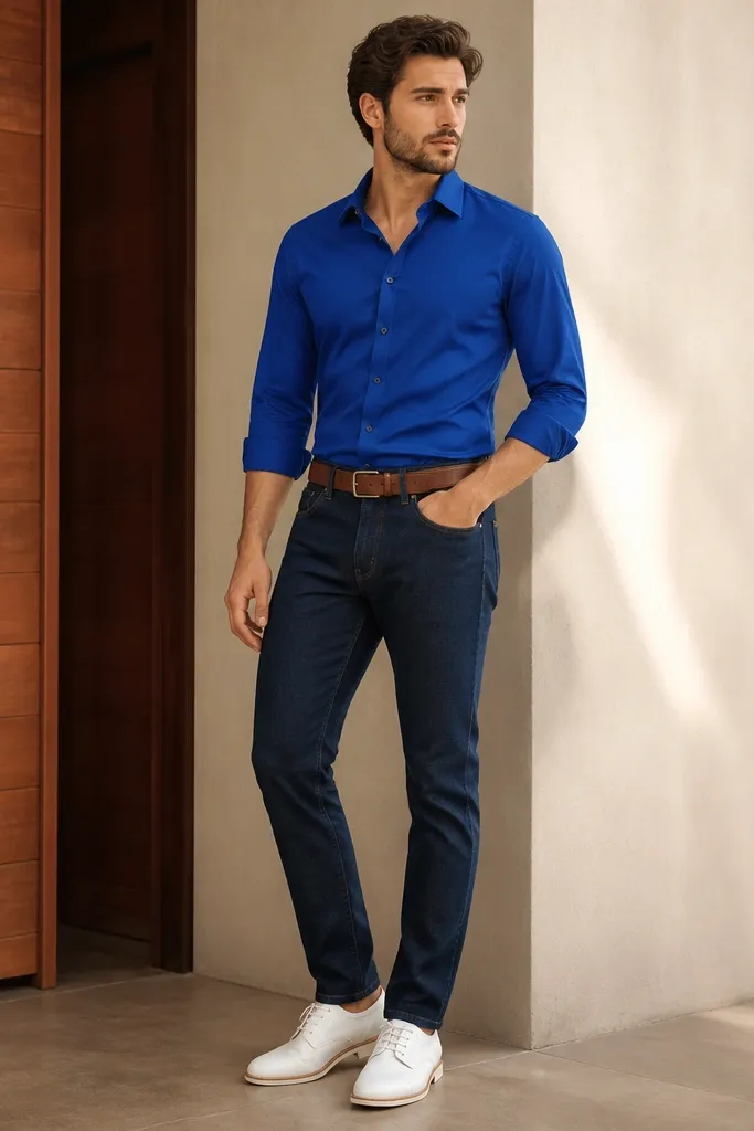 A royal blue shirt tucked into dark denim jeans, paired with white oxford-style shoes. The shirt looks structured, and a brown leather belt is visible.