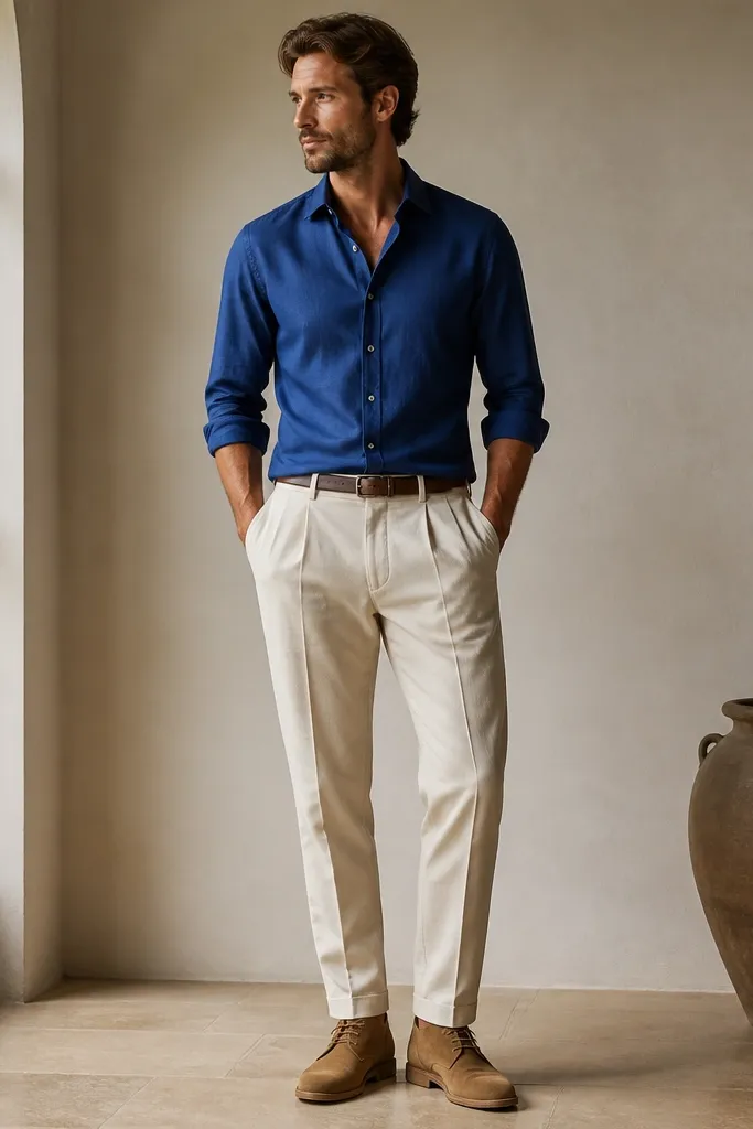 A man in a royal blue button-down shirt with sleeves rolled to mid-forearm, worn untucked over light stone/beige pleated trousers. Tan suede desert boots with crepe soles sit under the trouser hem. A simple brown leather belt matches the boots, and the shirt has the top button undone with a neat collar lay.