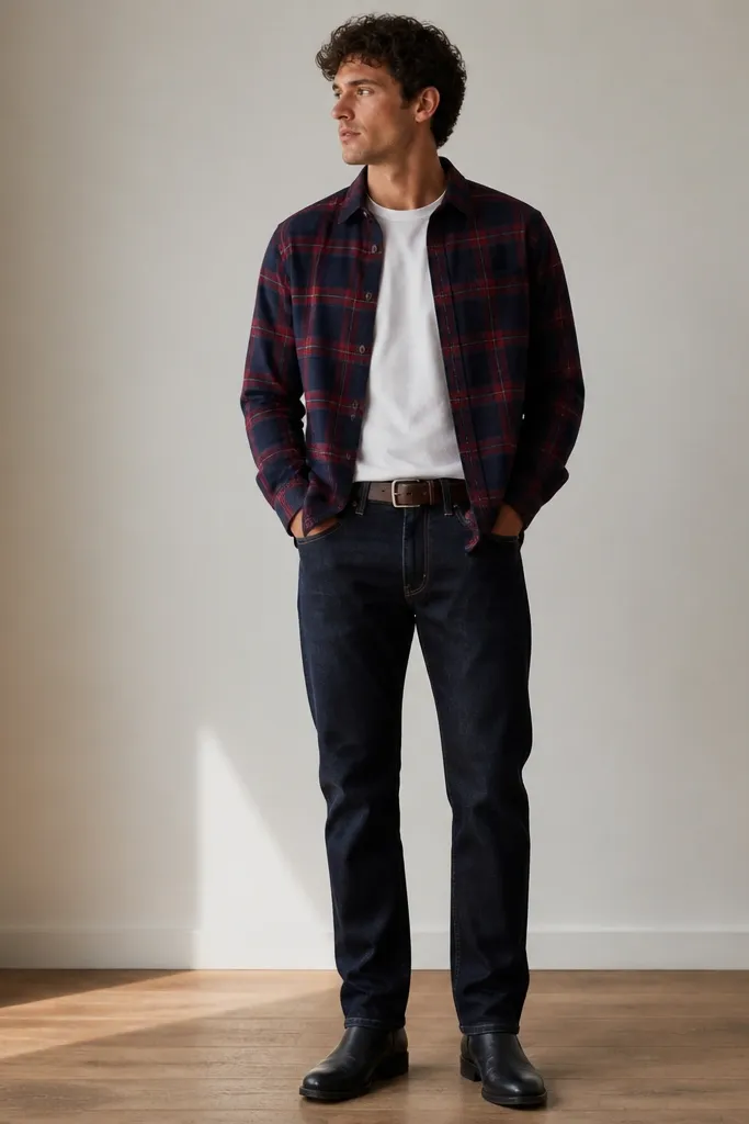 A model wearing a navy-and-red plaid flannel buttoned halfway over a crisp white crewneck tee. Dark indigo jeans sit straight from waist to ankle. The outfit is paired with black leather boots and a simple brown leather belt.
