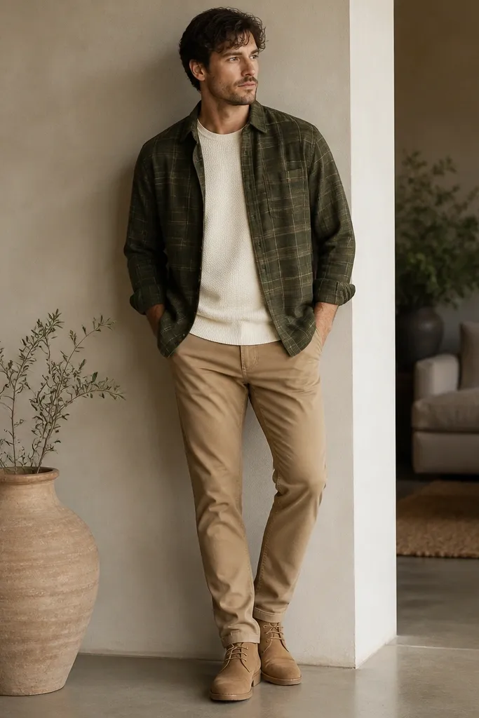 A model in an olive green flannel button-up with a subtle plaid pattern, worn open over a cream knit tee. Tan chinos are slim-straight. The shoes are tan suede chukkas with low-profile soles.