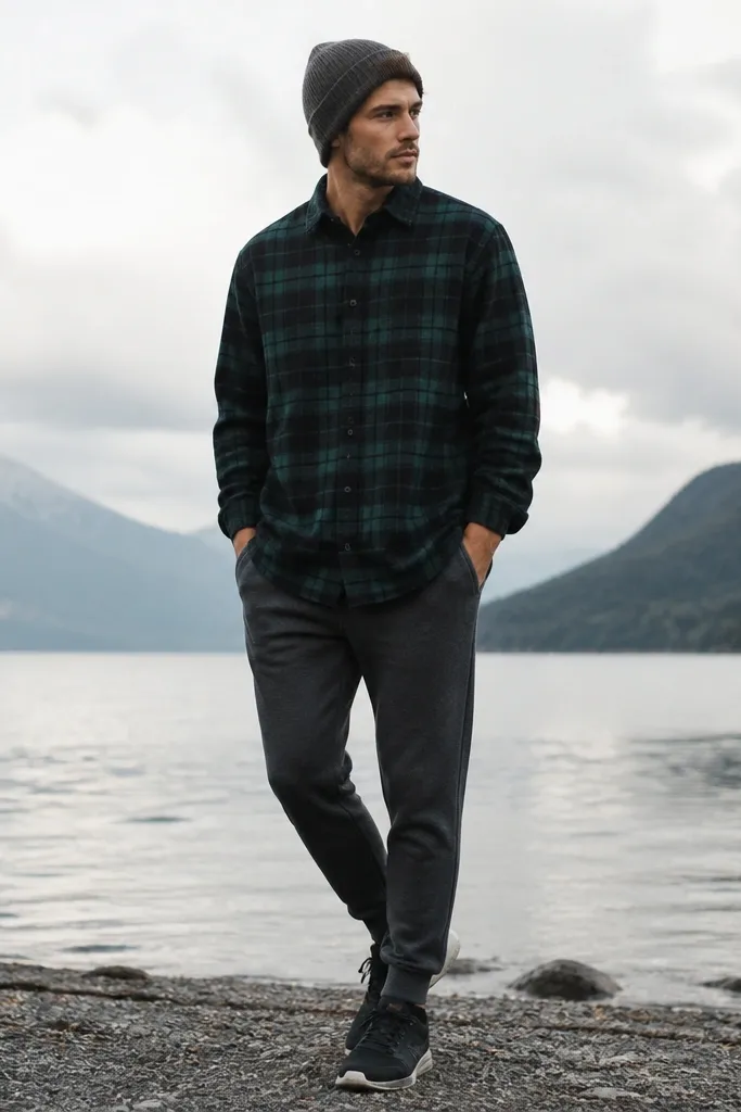 A model wears a black watch plaid flannel in green-black tones, buttoned and slightly oversized. Charcoal joggers taper at the ankle. Gray knit beanie and dark sneakers complete the look.