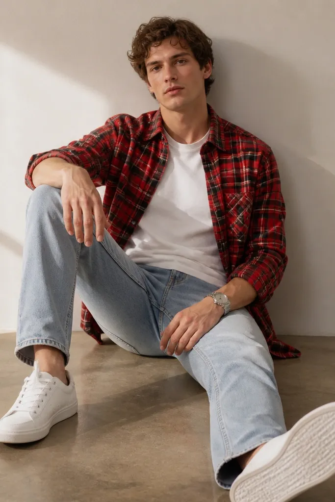 A model wears a red plaid flannel over a white tee, with the flannel left open. Light wash denim jeans are straight-leg. Clean white low-top sneakers and a simple silver watch finish it.