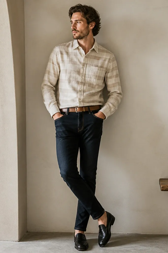 A model wears a cream flannel with beige and darker cream stripes, buttoned. Dark slim jeans show a tapered ankle. Outfit includes black leather loafers and a light brown belt.