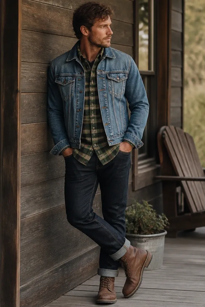 A model layers a medium-wash denim jacket over a green plaid flannel shirt. The flannel is visible at the collar and front. Dark jeans and rugged brown work boots complete the look.