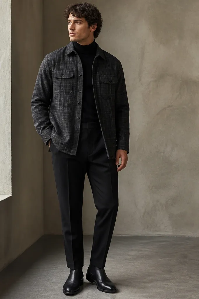 A model wears a charcoal gray flannel overshirt with a subtle check. A black turtleneck sits underneath. Black tapered trousers and black leather Chelsea boots complete the look.