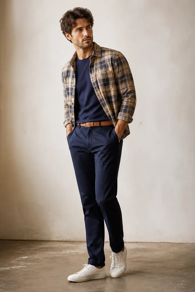 A model wears a sand-beige plaid flannel open over a navy crewneck tee. Navy chinos are straight. White leather sneakers and a tan belt finish the look.