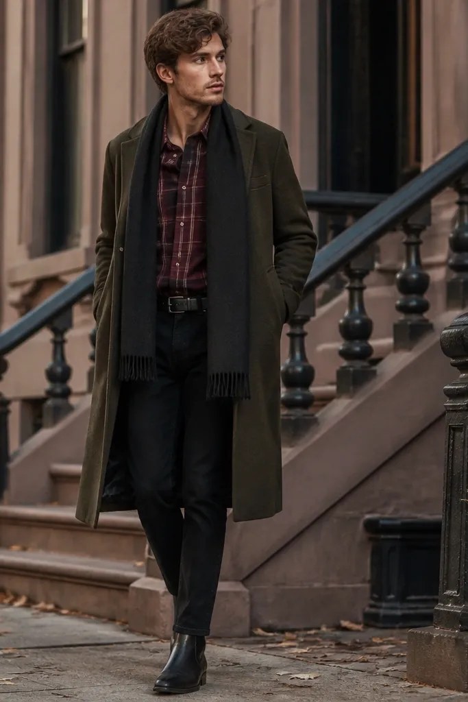 A model wears a burgundy plaid flannel tucked into black jeans. An olive overcoat sits open on top. Black leather boots and a dark scarf are visible.