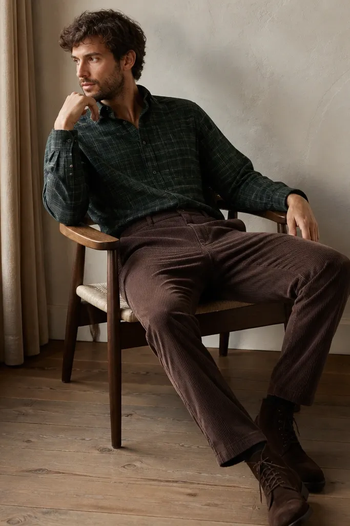 A model wears a forest green flannel button-up with small plaid. Brown corduroy pants are straight and slightly tapered. The shoes are dark brown suede boots.