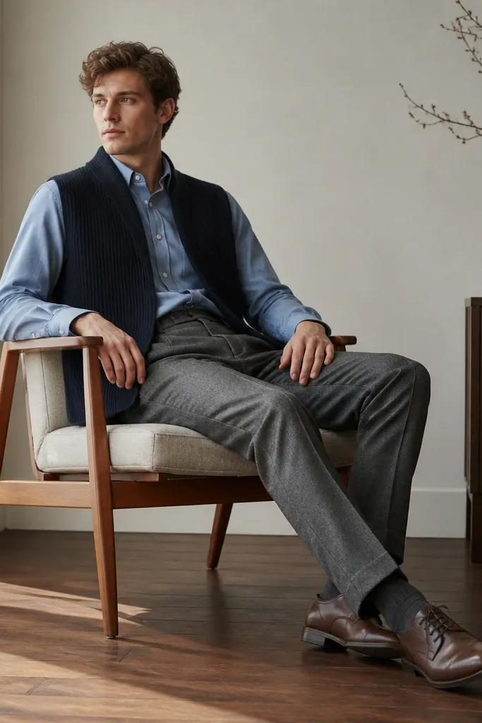 A model layers light blue flannel under a navy knit vest. The flannel is buttoned, and the vest sits open at the front. Gray wool trousers and brown leather lace-up shoes complete the outfit.