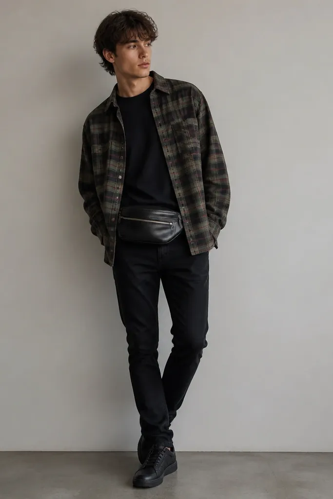 A model wears a tartan flannel shirt untucked over a dark tee. A black leather belt bag sits at the waist. Black slim jeans and dark sneakers are worn.