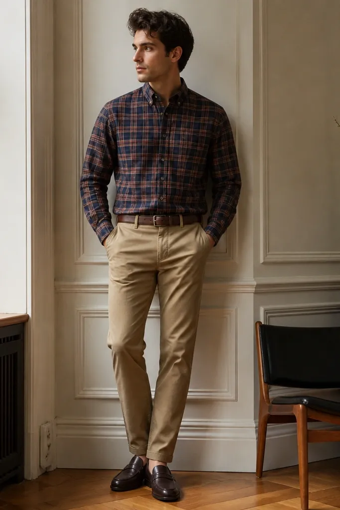 A model wears a plaid flannel button-up that looks like a dress shirt, tucked into medium khaki chinos. The sleeves are down and the collar is crisp. Loafers in dark brown finish the look.