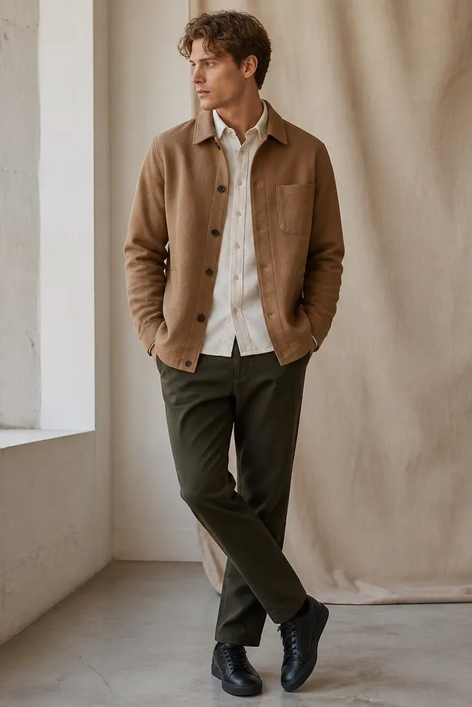 A model wears a camel wool overshirt over a cream flannel button-up. The cream flannel shows at the collar and button line. The pants are dark olive trousers. Shoes are black leather sneakers.