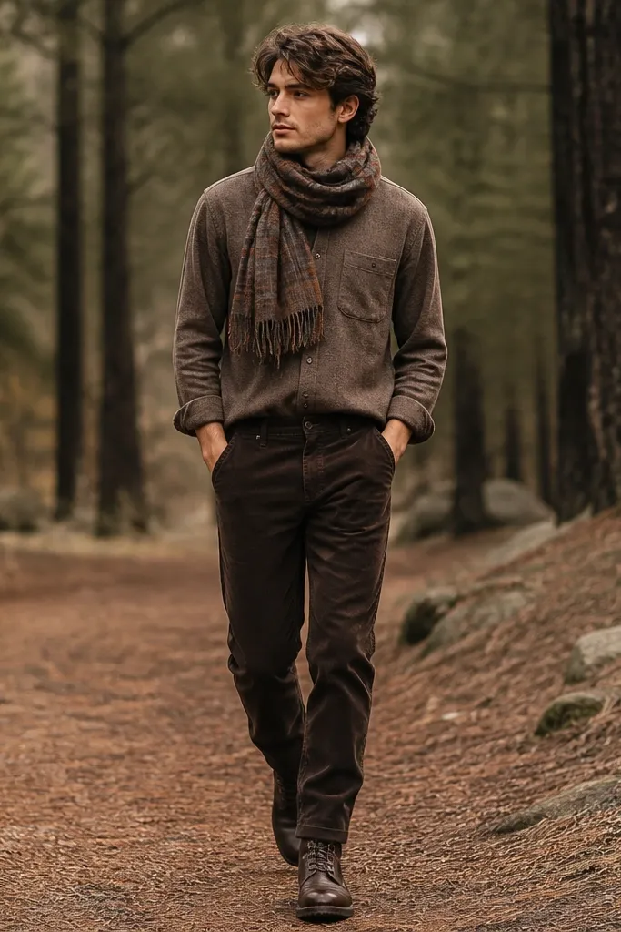 A model wears a mocha-brown flannel button-up tucked slightly into dark brown jeans. A plaid scarf in muted tones wraps around the neck. Work boots in dark brown leather complete the set.