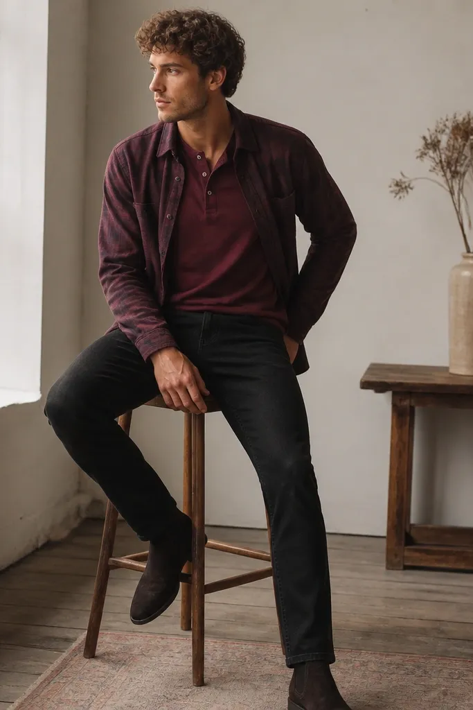 A model wears a plum flannel button-up partially open over a burgundy henley. The henley has visible buttons and a small collar. Black jeans and dark suede chelsea boots complete it.
