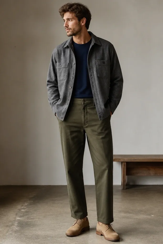 A model wears a gray flannel overshirt over a navy crew tee. Olive straight-leg pants sit high at the waist. Shoes are tan suede derbies with a simple sole.