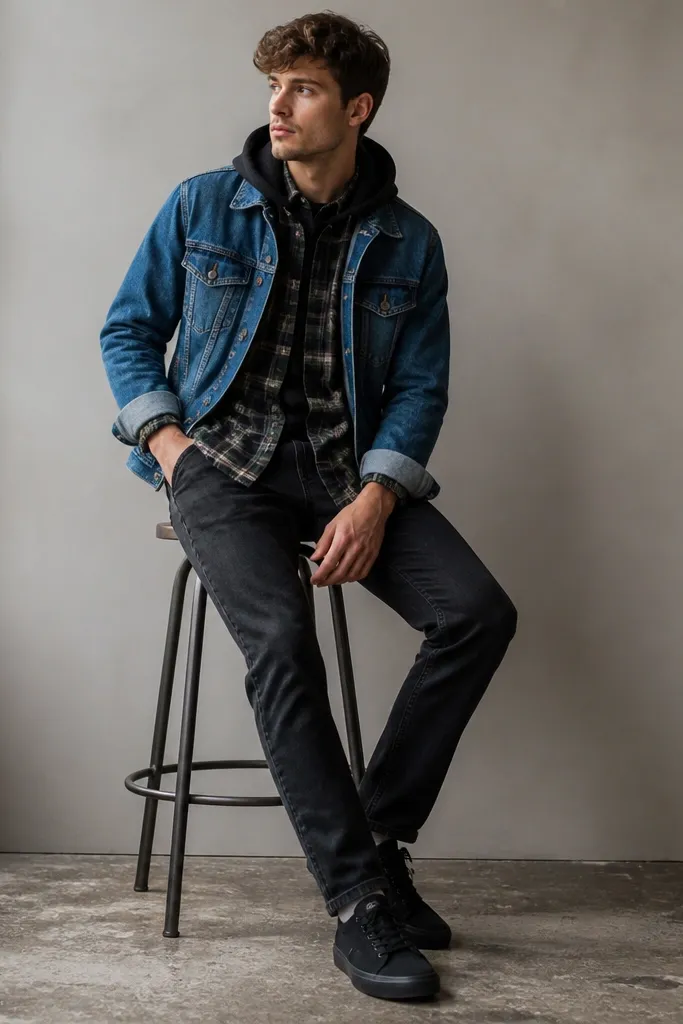 A model wears a plaid flannel shirt over a dark hoodie. A denim jacket is layered on top, sleeves rolled once. The jeans are dark and the shoes are black sneakers.