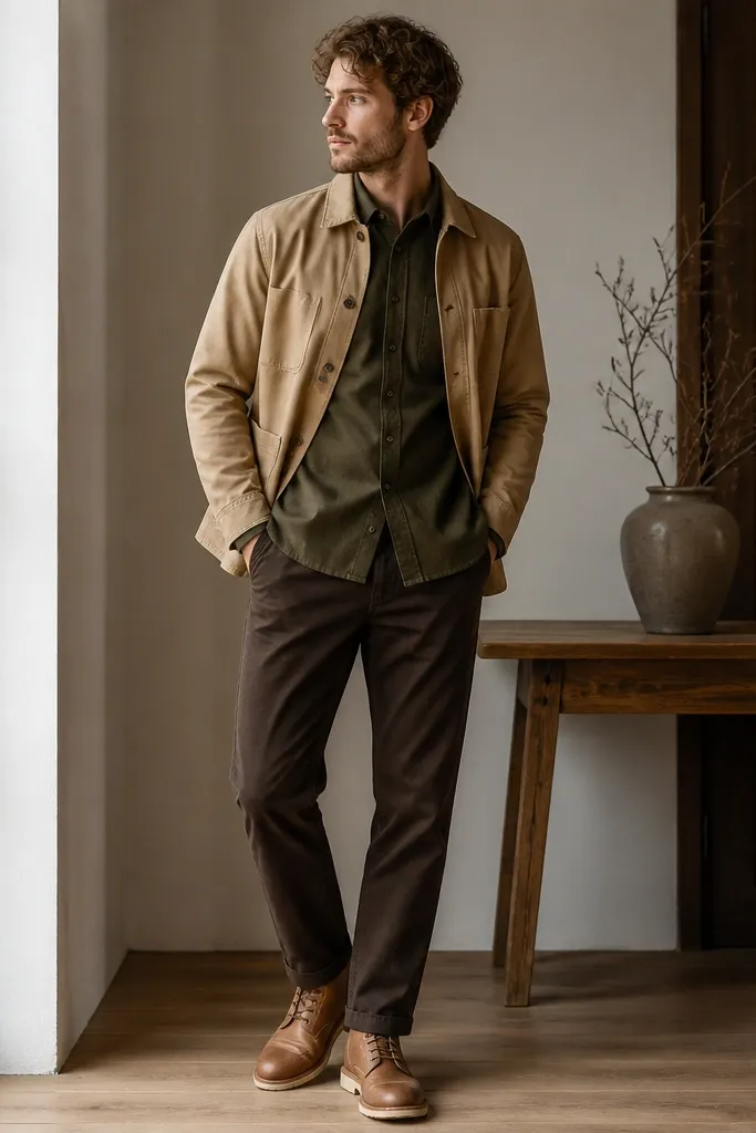 A model wears an olive flannel shirt with a tonal weave pattern. A beige chore coat sits over it, buttoned open slightly. The pants are dark brown chinos and shoes are tan leather boots.
