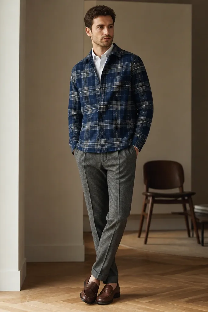 A model layers a blue plaid flannel over a white dress shirt. The white collar and the top button line show above the flannel. The outfit includes gray wool trousers and brown leather loafers.