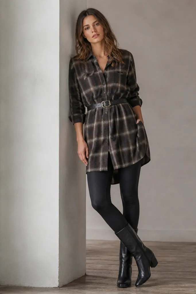 A model wears a longer flannel button-up that reaches below the hips, worn with a belt at the waist. Dark leggings or slim pants are visible underneath. The shoes are slim leather boots.