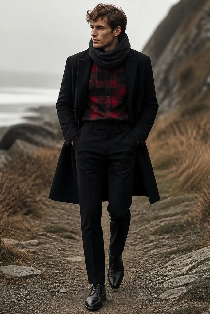 A model wears a red-and-black plaid flannel button-up tucked into black trousers. A black overcoat is worn open. A dark scarf wraps around the neck and black leather dress shoes are visible.