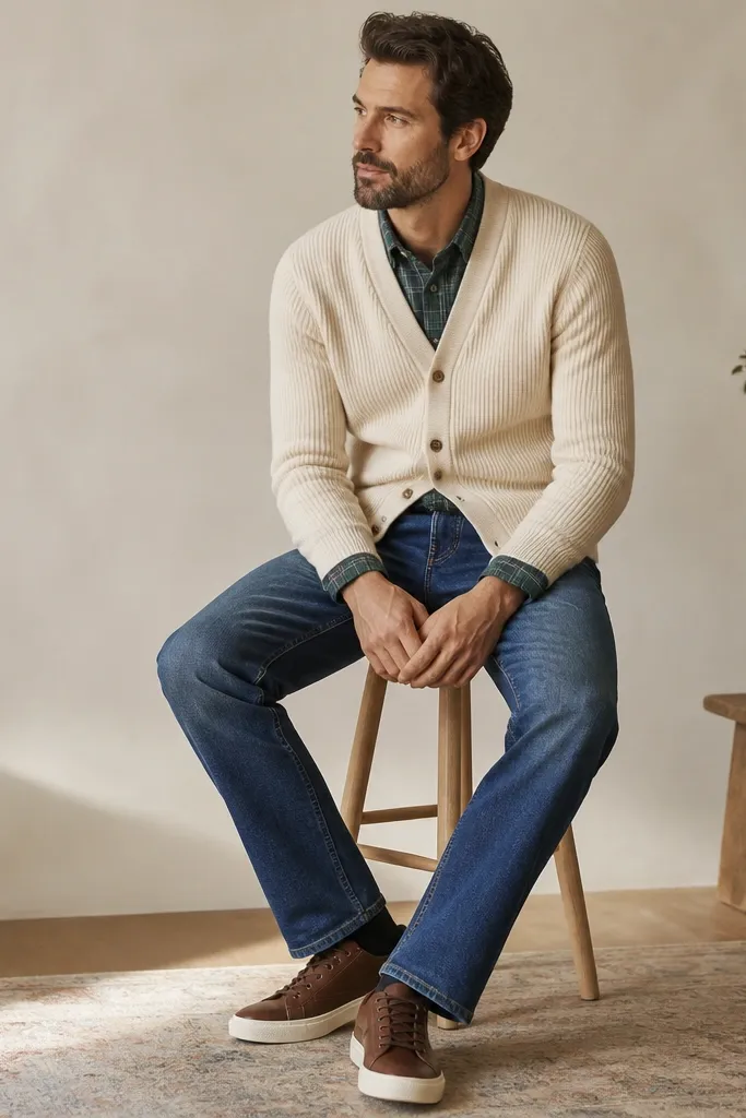 A model wears a green flannel shirt under a cream cardigan. The cardigan is buttoned and the flannel shows at the collar and cuffs. Straight-leg blue jeans and brown leather sneakers complete it.