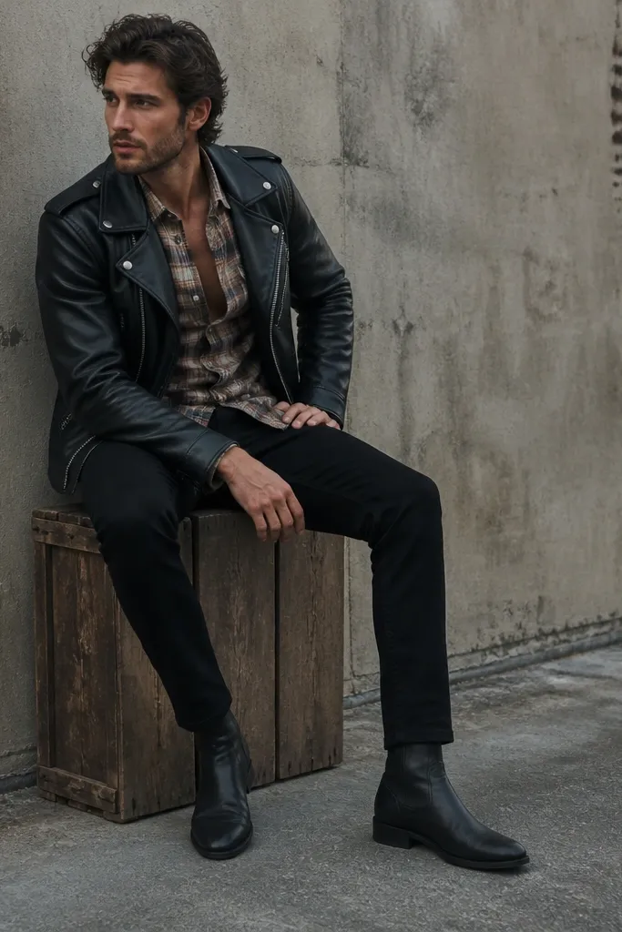 A model wears a plaid flannel partially open under a black leather jacket. The flannel shows at the chest and collar. Tapered black pants and black leather boots complete the outfit.