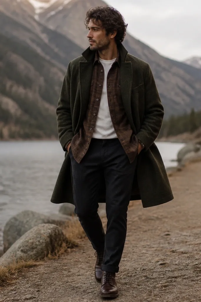 A model wears a brown flannel button-up over a white tee. A dark green overcoat is worn open. Pants are black or deep charcoal and shoes are dark brown leather boots.