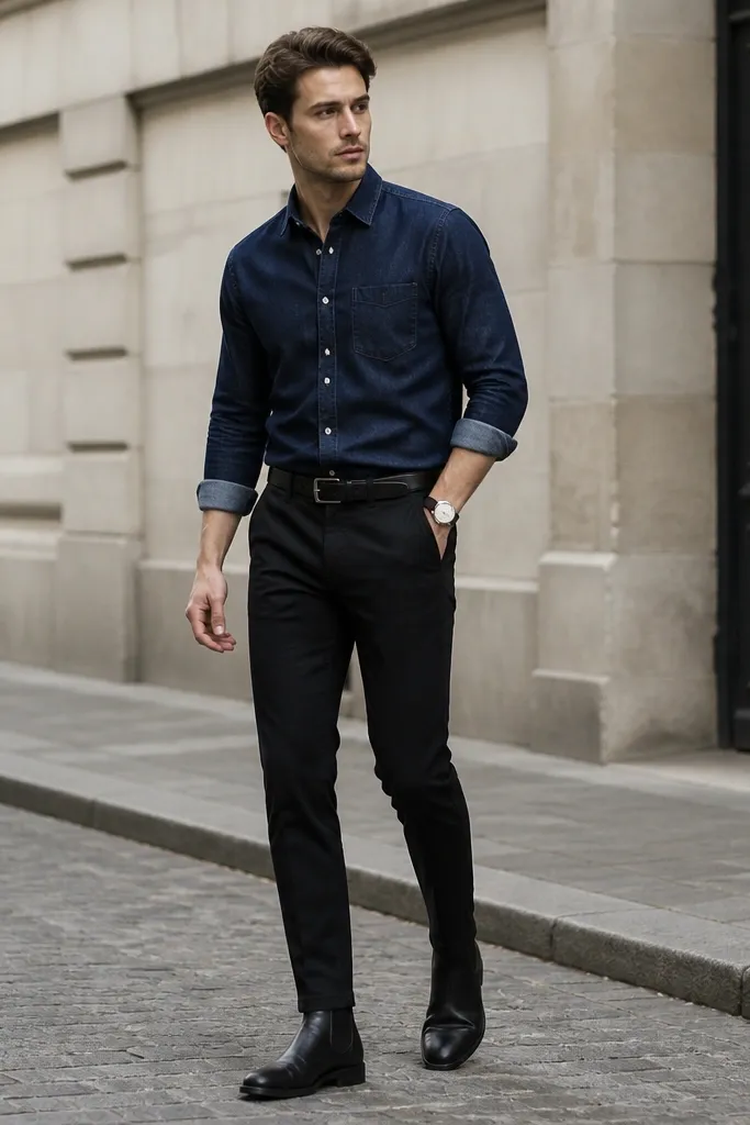 A man wearing a dark indigo denim button-up with sleeves rolled once, tucked into black slim chinos. He has black Chelsea boots, a black leather belt, and a simple silver watch. Background is a neutral street setting with soft daylight.
