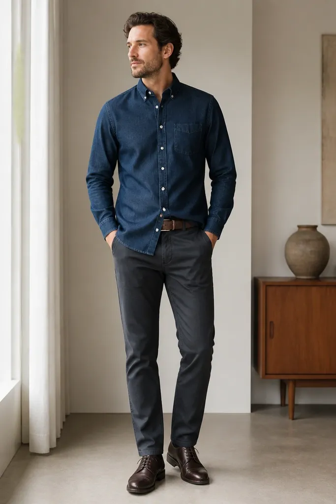 A man in an indigo denim shirt worn untucked over charcoal straight-leg trousers. He wears dark brown leather lace-up shoes and a brown belt. The shirt collar is crisp, sleeves are unrolled, and the lighting is bright and clear.