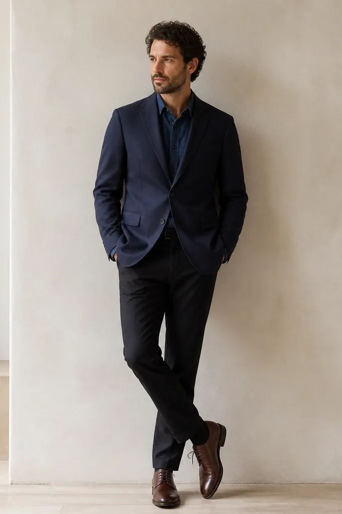 A man wearing a navy blazer over a dark indigo denim shirt. The blazer is buttoned, shirt collar peeks out, and sleeves are slightly visible at the cuffs. He wears dark trousers and brown leather shoes.