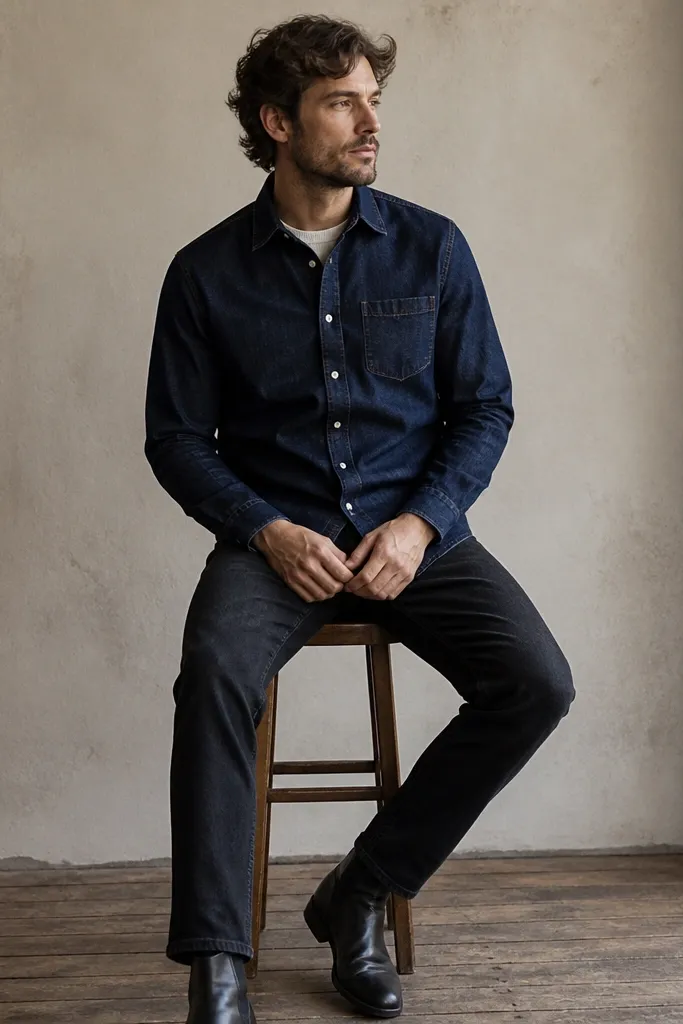A man wearing a white crewneck sweater under a dark blue denim shirt. The denim shirt is fully buttoned, with the crew neckline peeking at the collar opening. He wears dark jeans and black boots.
